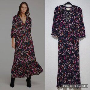 Saltwater Lux Black Floral Maxi Dress Deep V-Neckline XL Cottagecore Romantic